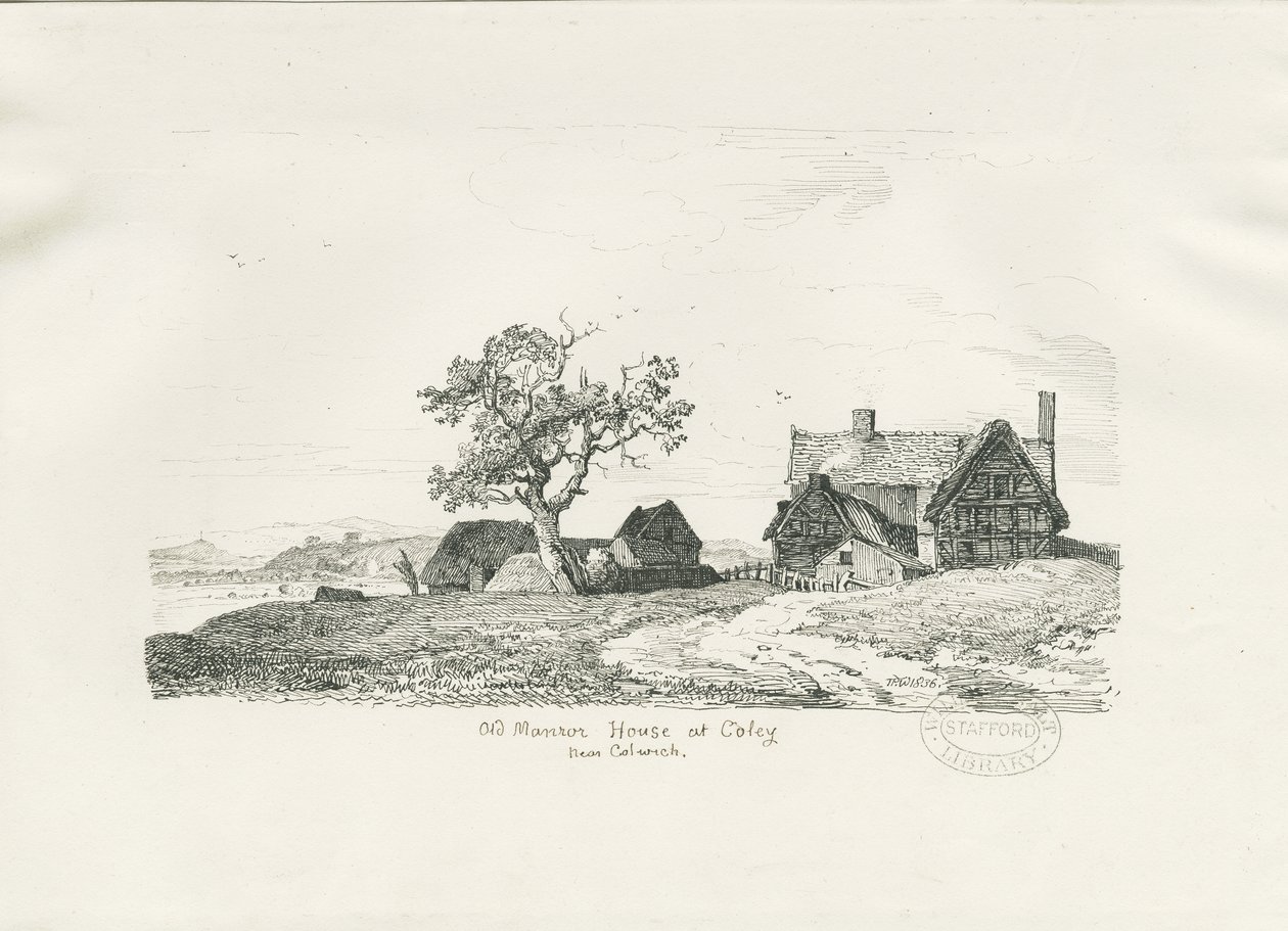 Colwich - Antiga casa senhorial em Coley: desenho a caneta e tinta, 1836 de Thomas Peploe Wood