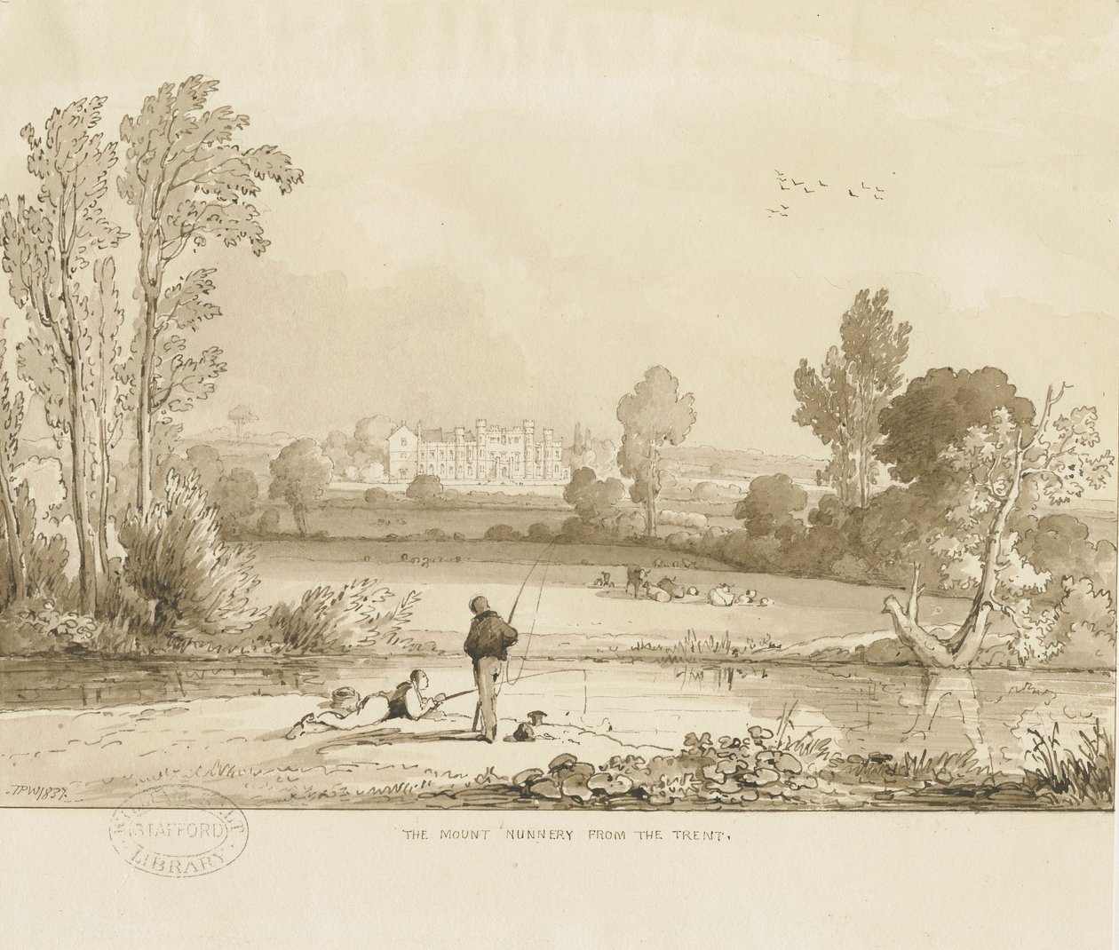Colwich - The Mount Nunnery: desenho em sépia, 1837 de Thomas Peploe Wood