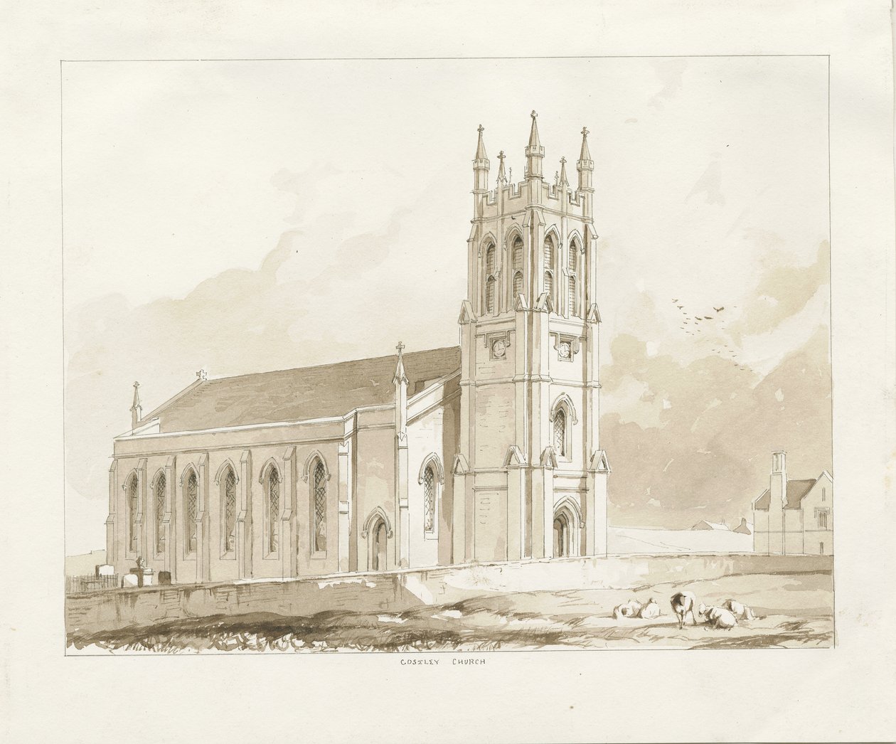 Igreja Coseley: desenho em sépia, nd [1841] de Thomas Peploe Wood