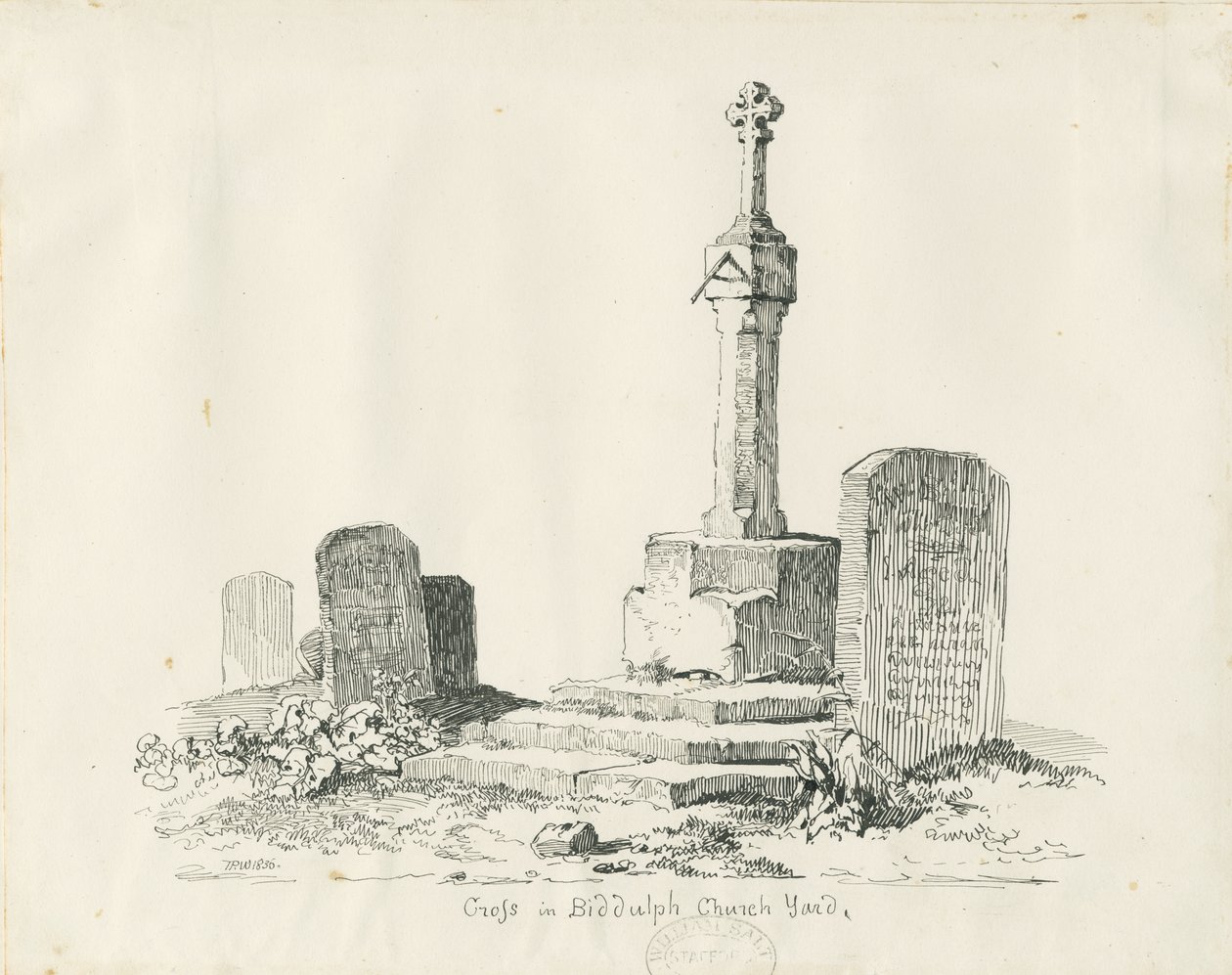 Cruz no cemitério de Biddulph: desenho a pena e tinta de Thomas Peploe Wood