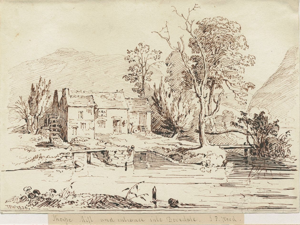 Dovedale - Thorpe Mill: desenho a caneta e sépia de Thomas Peploe Wood