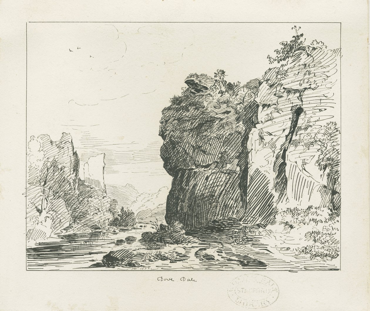 Dovedale - paisagem: desenho a caneta e tinta de Thomas Peploe Wood