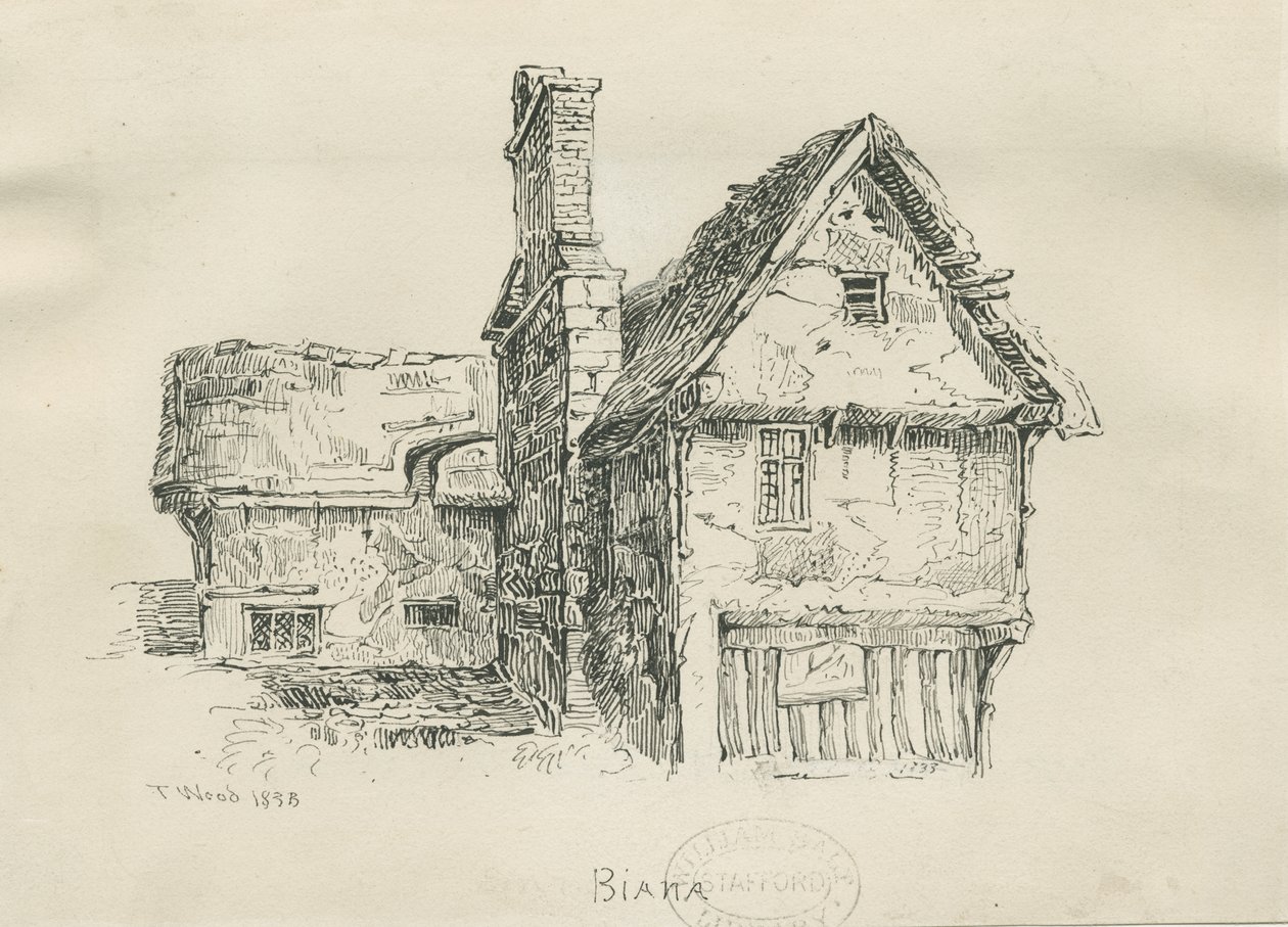 Eccleshall - Biana Hall: desenho a bico de pena, 1833 de Thomas Peploe Wood