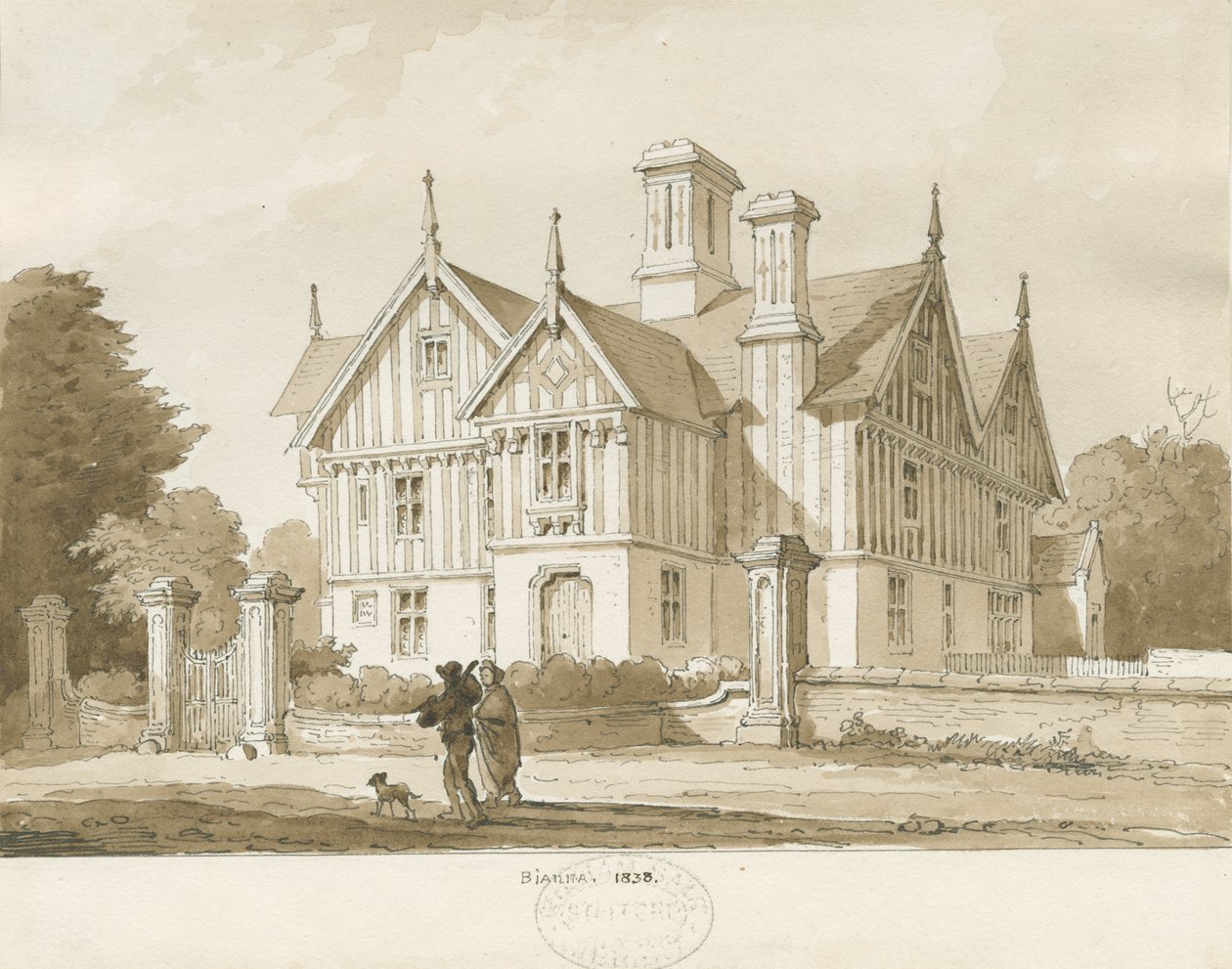 Eccleshall - Biana Hall: desenho em sépia, 1838 de Thomas Peploe Wood