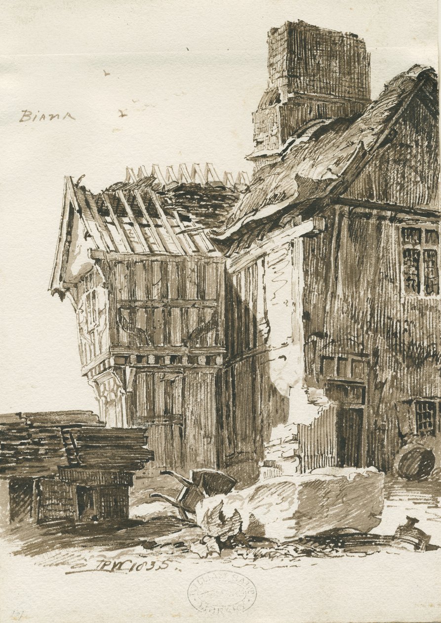 Eccleshall - Biana Hall: desenho em caneta sépia, 1835 de Thomas Peploe Wood