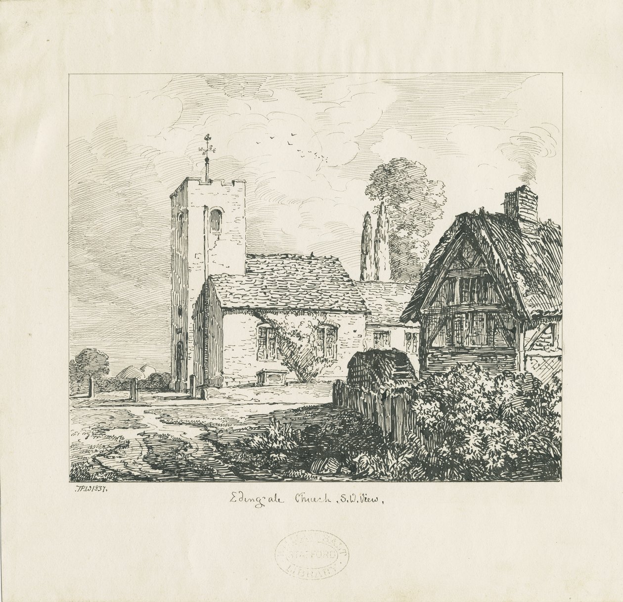 Igreja de Edingale: desenho a caneta e tinta de Thomas Peploe Wood