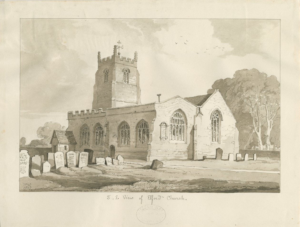 Igreja de Elford: desenho em sépia, 1837 de Thomas Peploe Wood