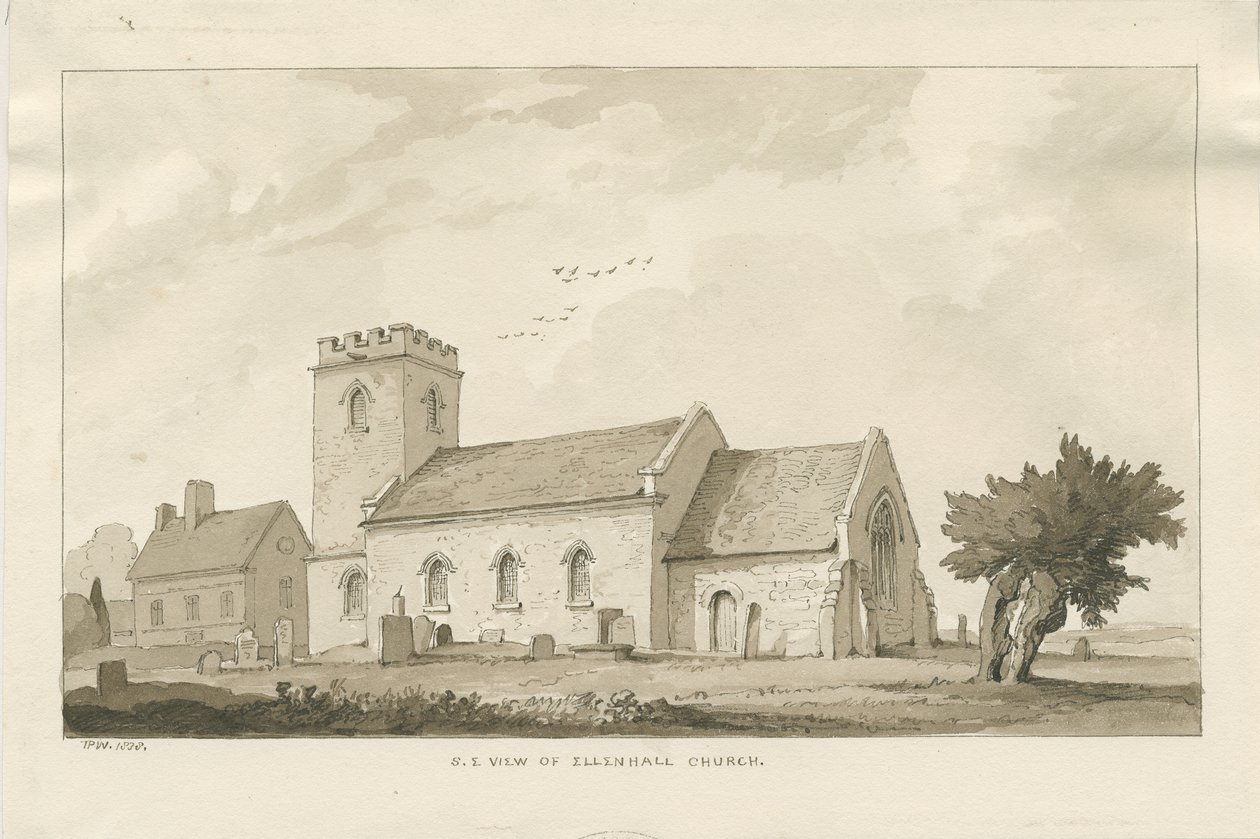 Igreja de Ellenhall: desenho em sépia de Thomas Peploe Wood