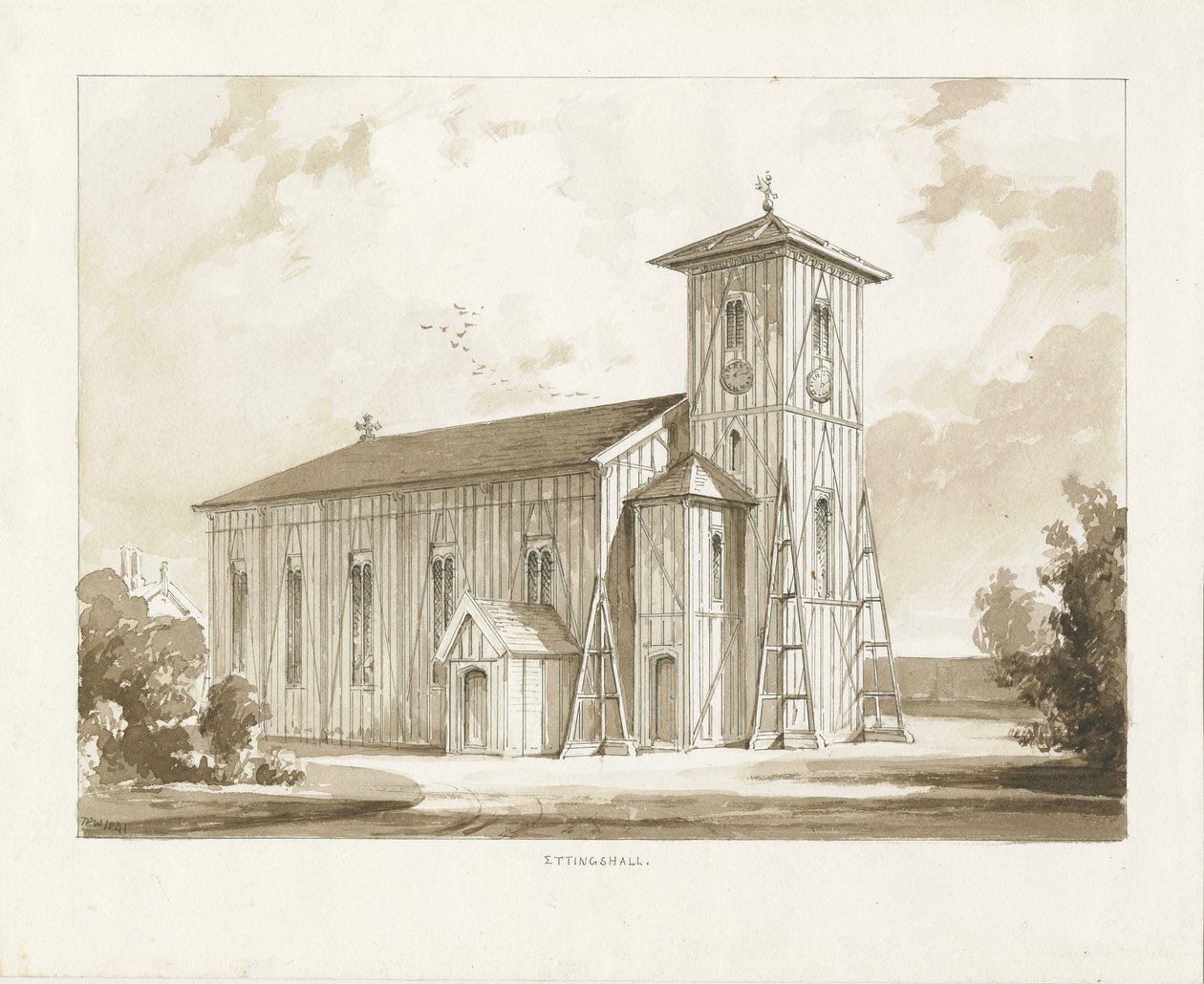 Igreja de Ettingshall: desenho em sépia, 1841 de Thomas Peploe Wood