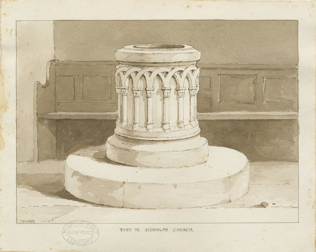 Fonte na Igreja Biddulph (Nova): desenho em sépia de Thomas Peploe Wood