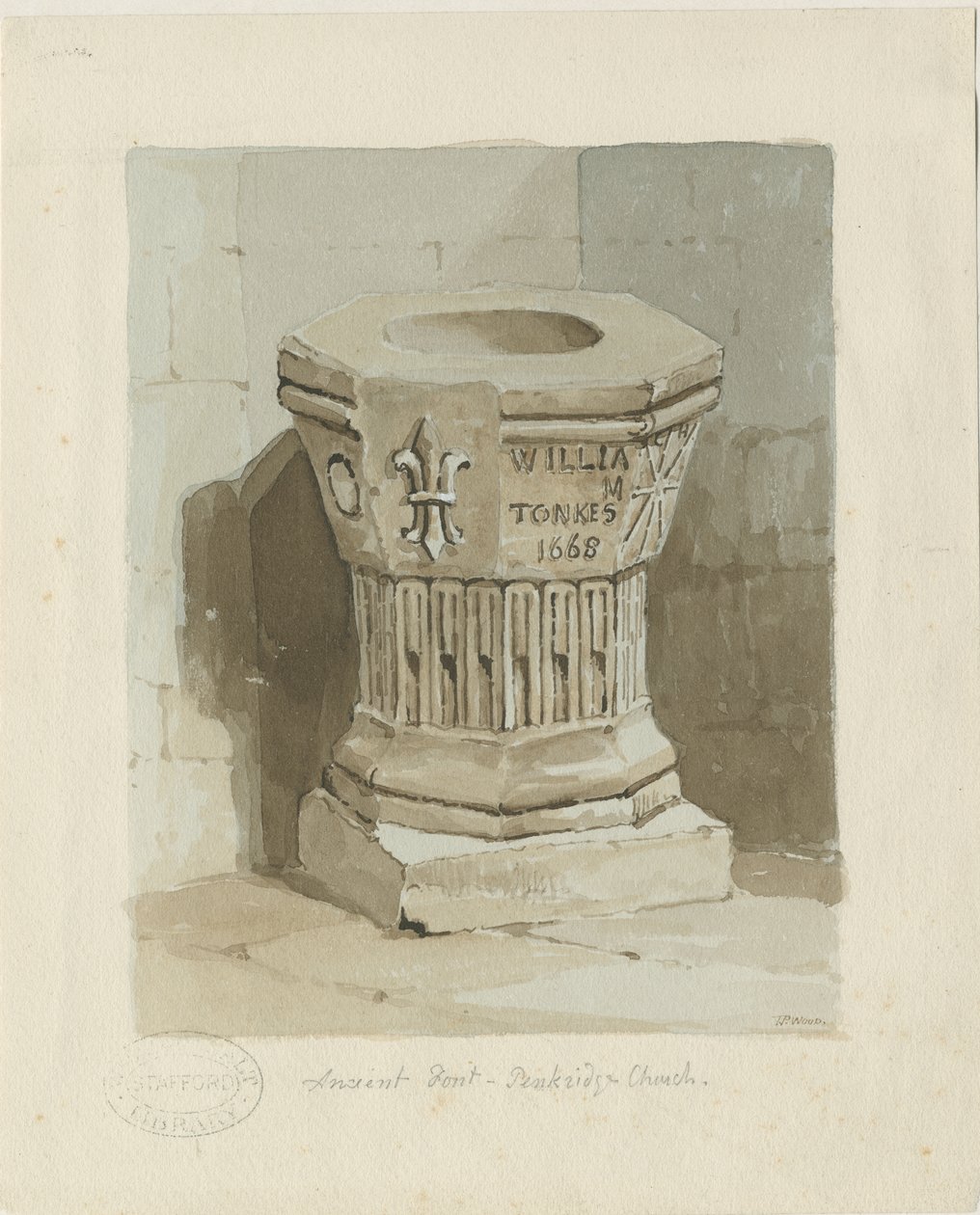 Fonte na Igreja de Penkridge: pintura em aquarela, sd [c 1836] (pintura) de Thomas Peploe Wood
