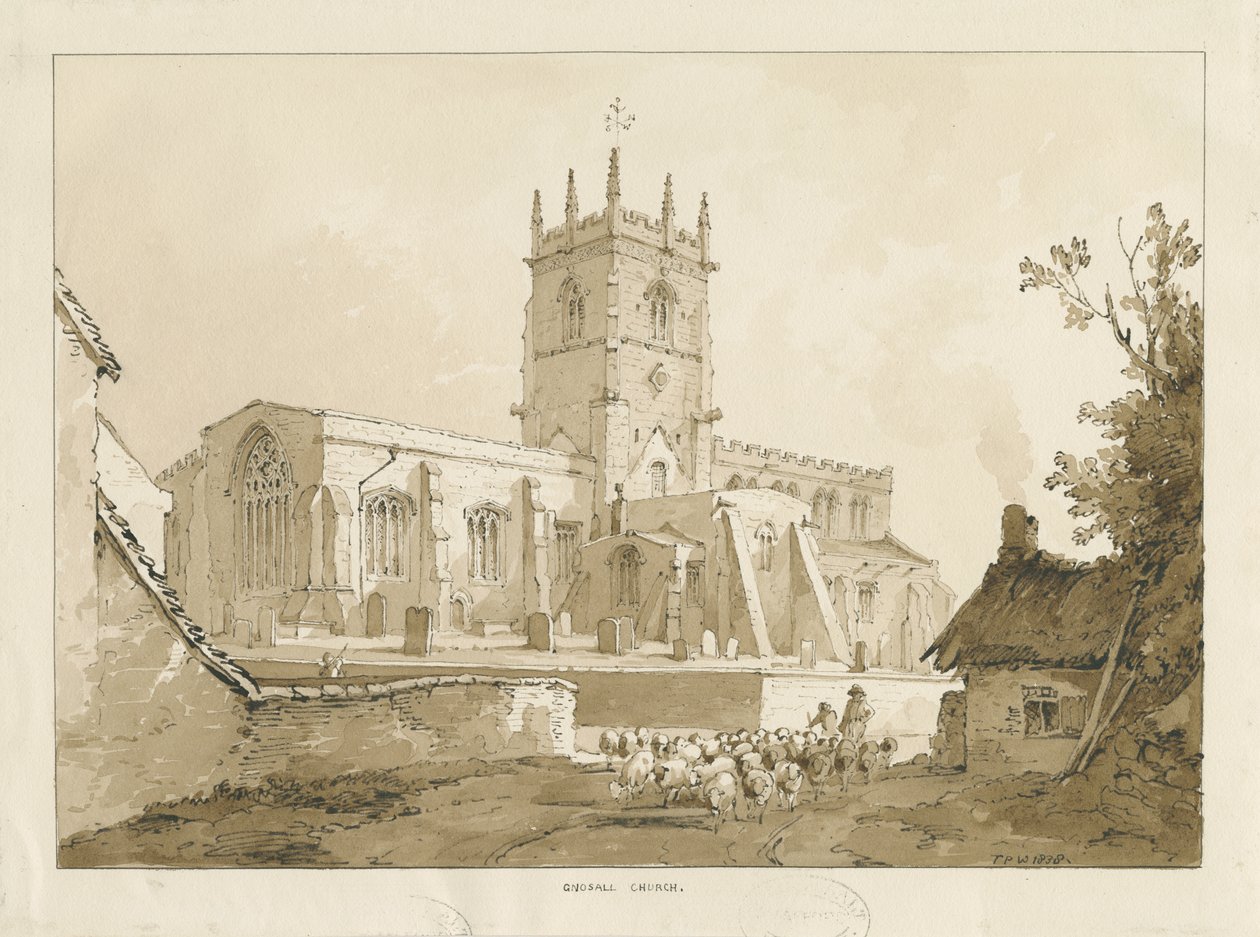 Igreja Gnosall: desenho de lavagem, 1838 de Thomas Peploe Wood
