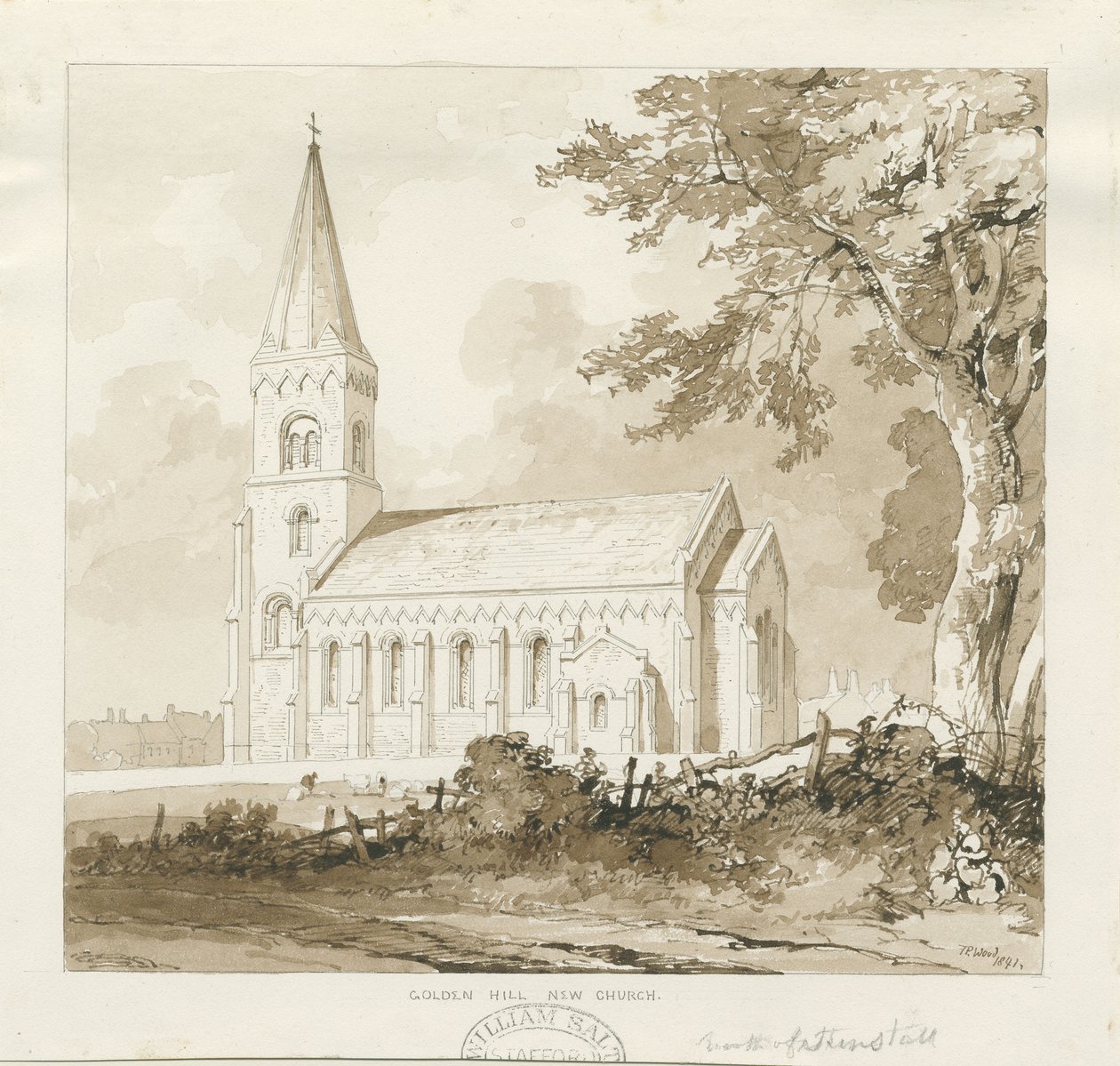 Igreja Golden Hill: desenho em sépia de Thomas Peploe Wood