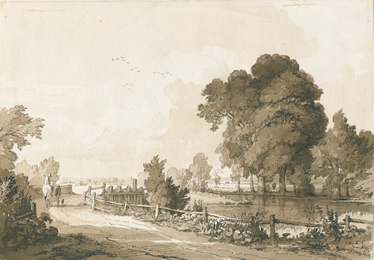 Great Haywood - comportas no rio Trento: desenho a caneta e sépia, 17 de julho de 1838 de Thomas Peploe Wood