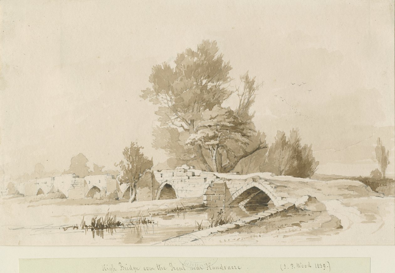 Handsacre - ponte alta velha: desenho em sépia, 1839 de Thomas Peploe Wood