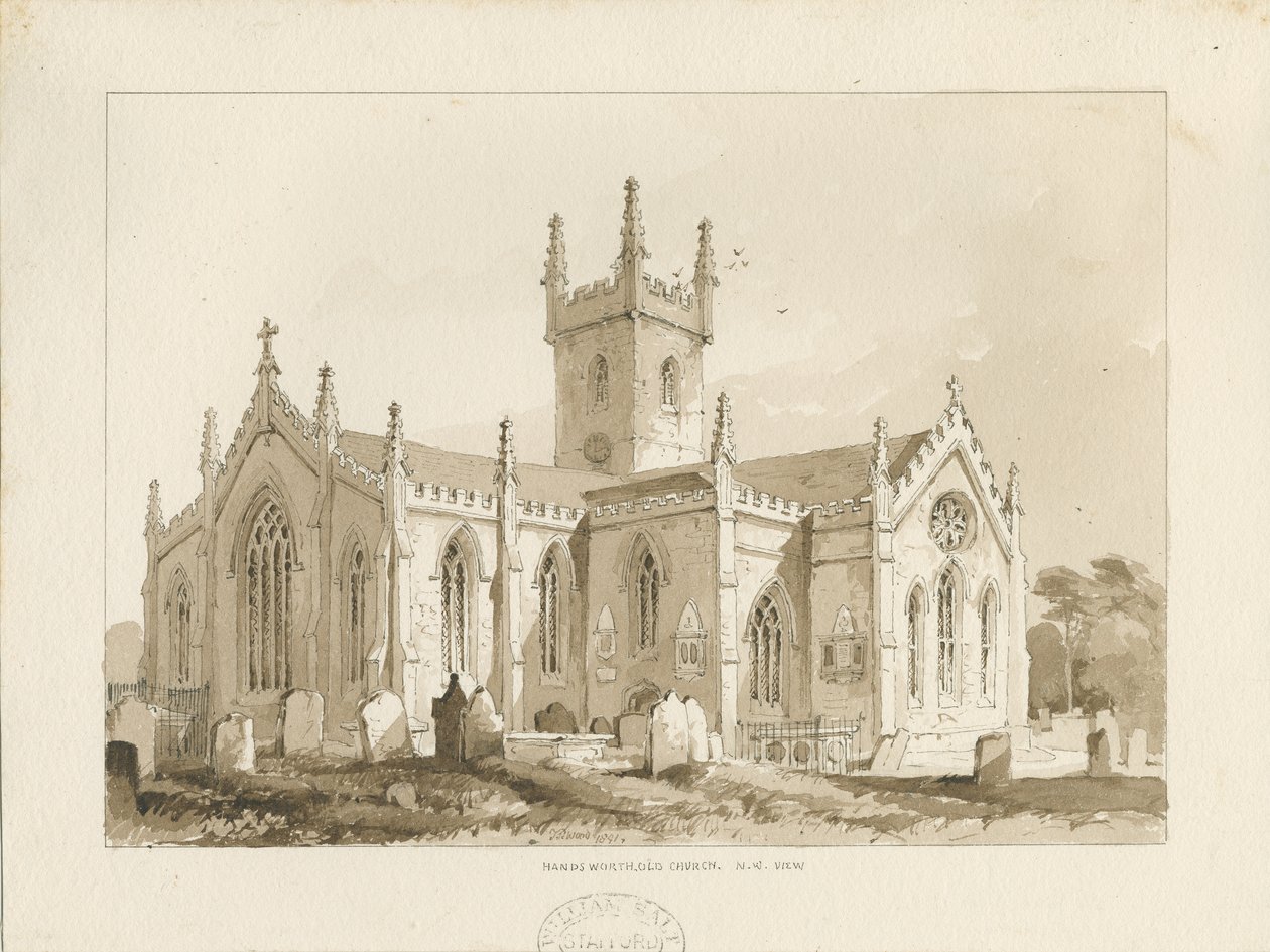 Igreja de Handsworth: desenho em sépia de Thomas Peploe Wood