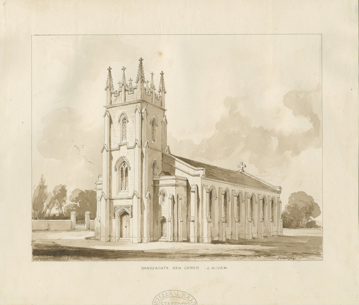 Igreja de Handsworth: desenho em sépia de Thomas Peploe Wood