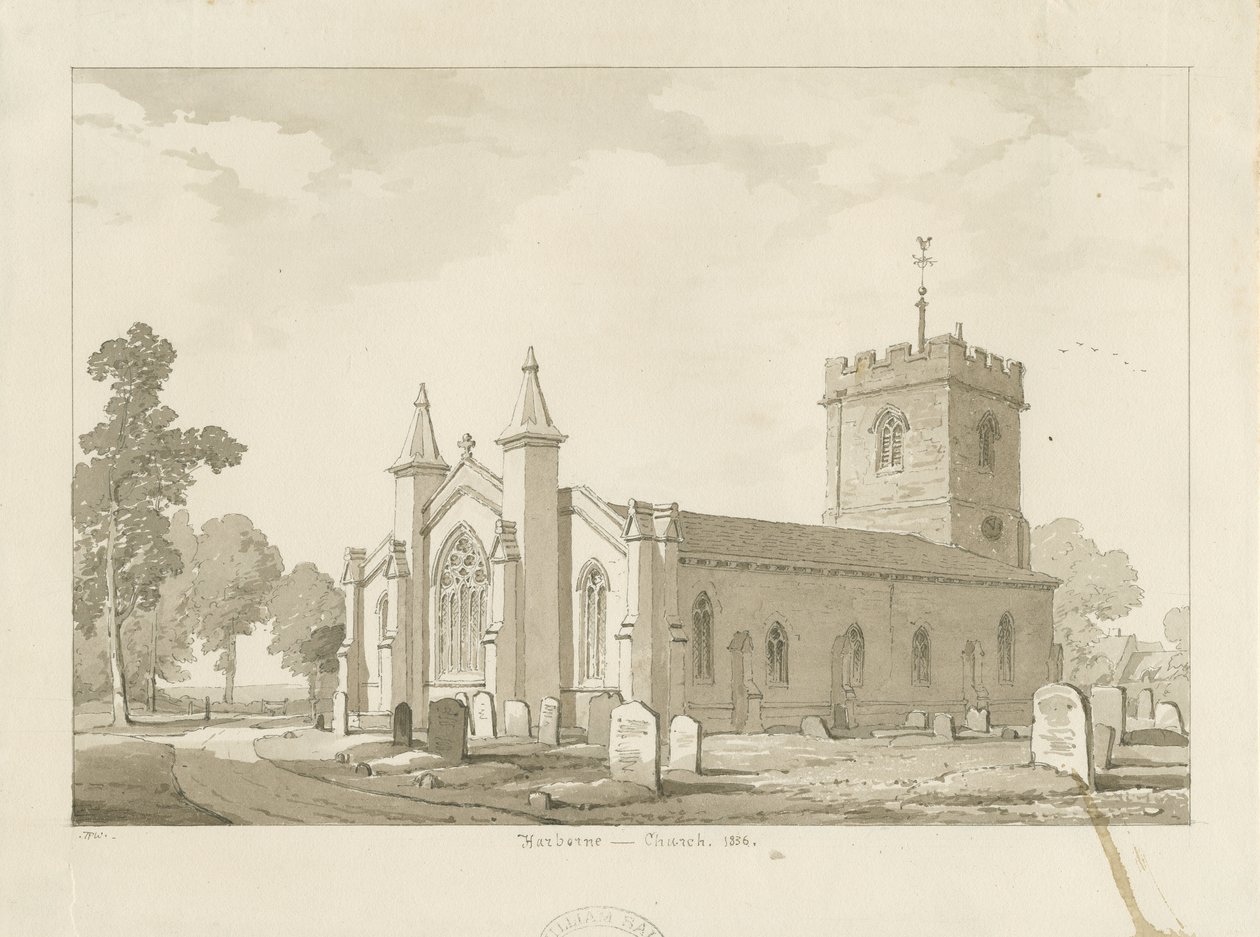 Igreja Harborne: desenho lavado em sépia de Thomas Peploe Wood
