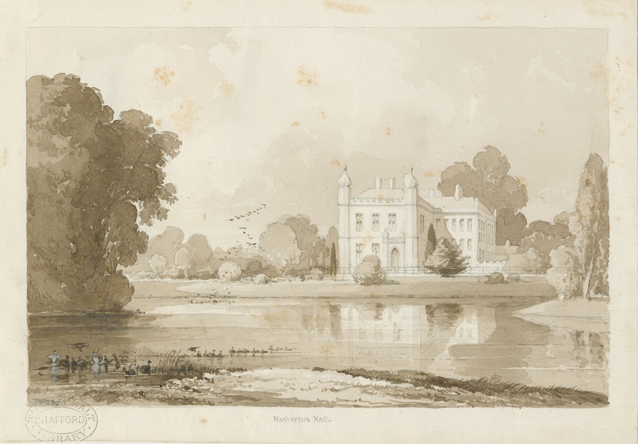Hatherton Hall: desenho em sépia, 1843 de Thomas Peploe Wood