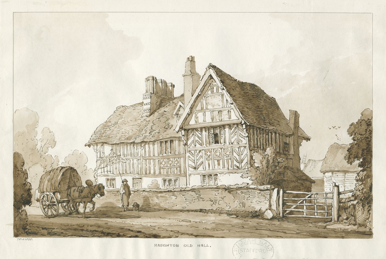 Haughton - Old Hall: desenho em sépia, 1838 de Thomas Peploe Wood