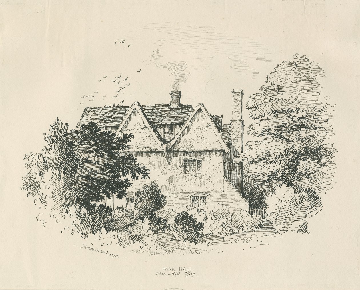High Offley - Park Hall: desenho a caneta e tinta (vinheta) de Thomas Peploe Wood