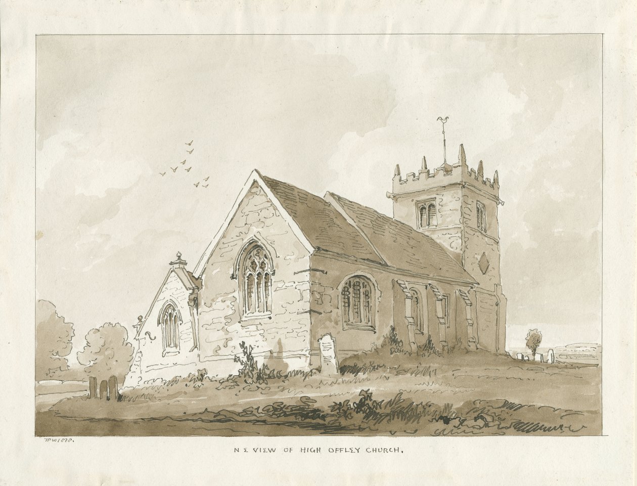 Igreja High Offley: desenho em sépia de Thomas Peploe Wood