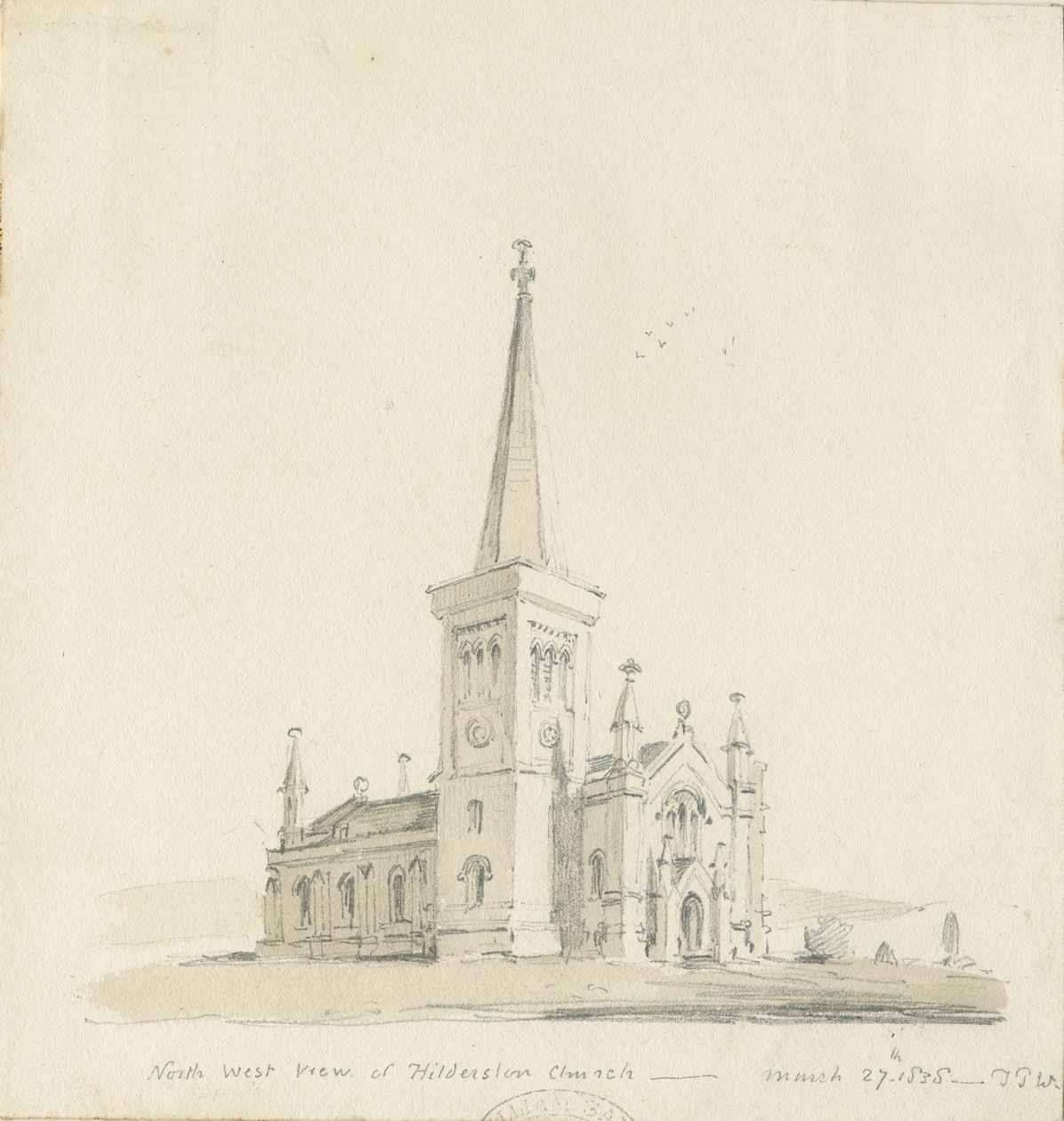 Igreja de Hilderstone: desenho a lápis e lavagem de Thomas Peploe Wood