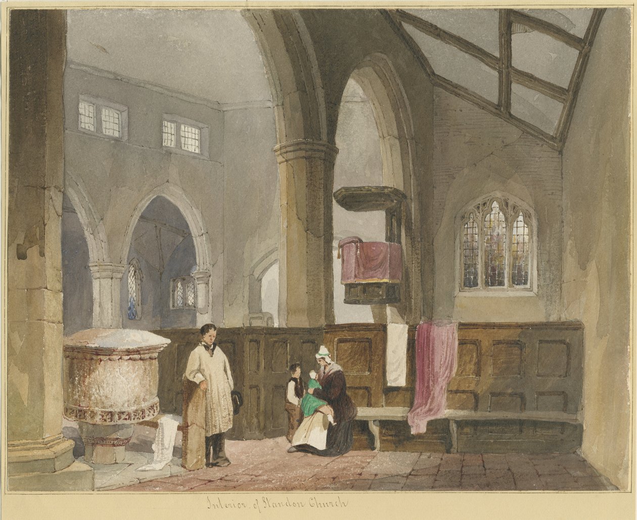 Interior da Igreja Standon: pintura em aquarela, nd [ Meados do século XIX] de Thomas Peploe Wood