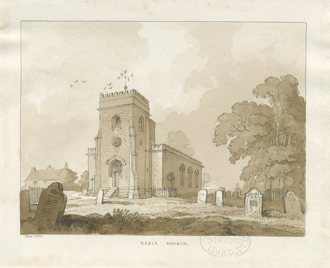 Igreja de Keele: desenho em sépia de Thomas Peploe Wood