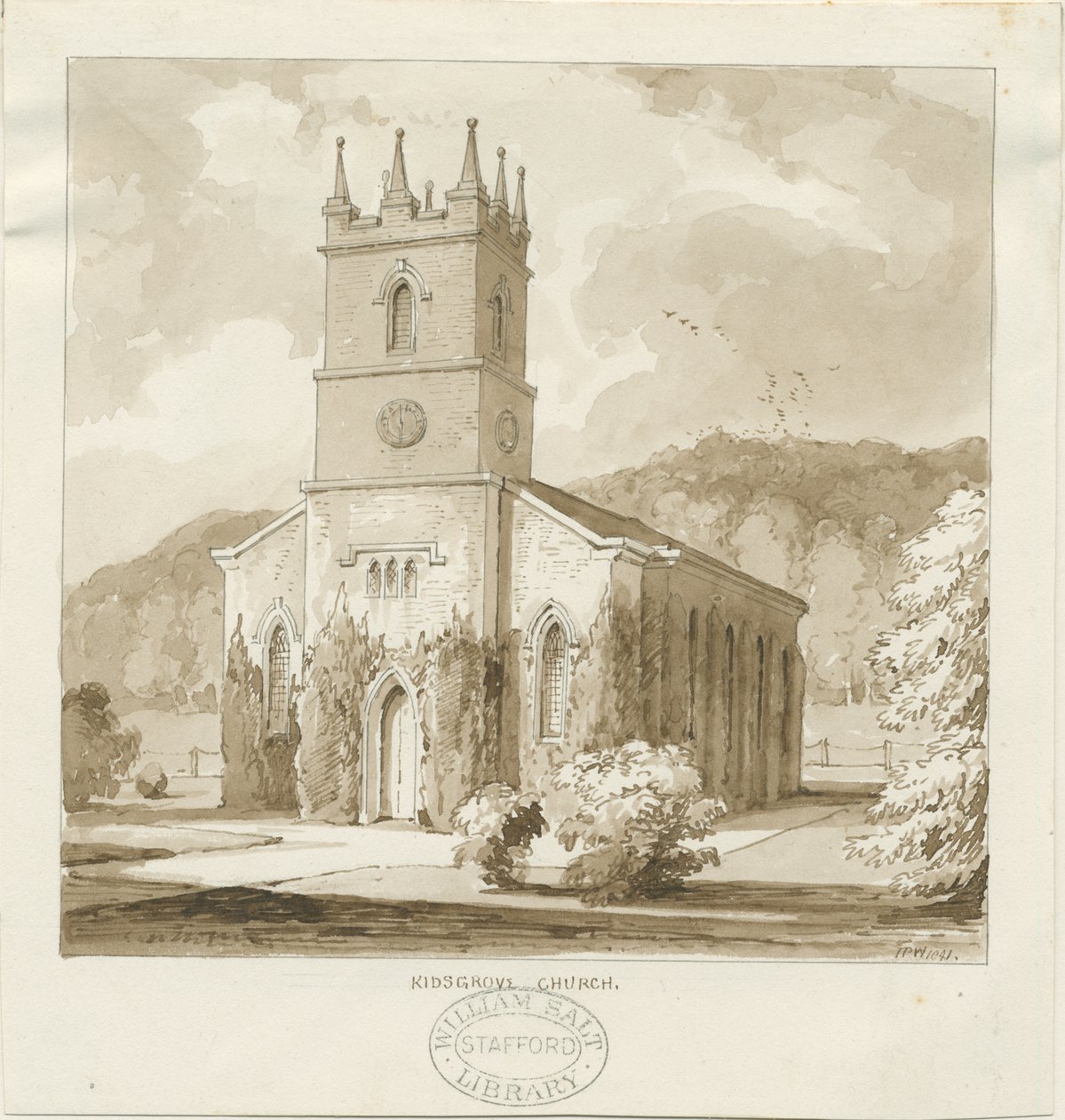Igreja Kidsgrove: desenho em sépia de Thomas Peploe Wood