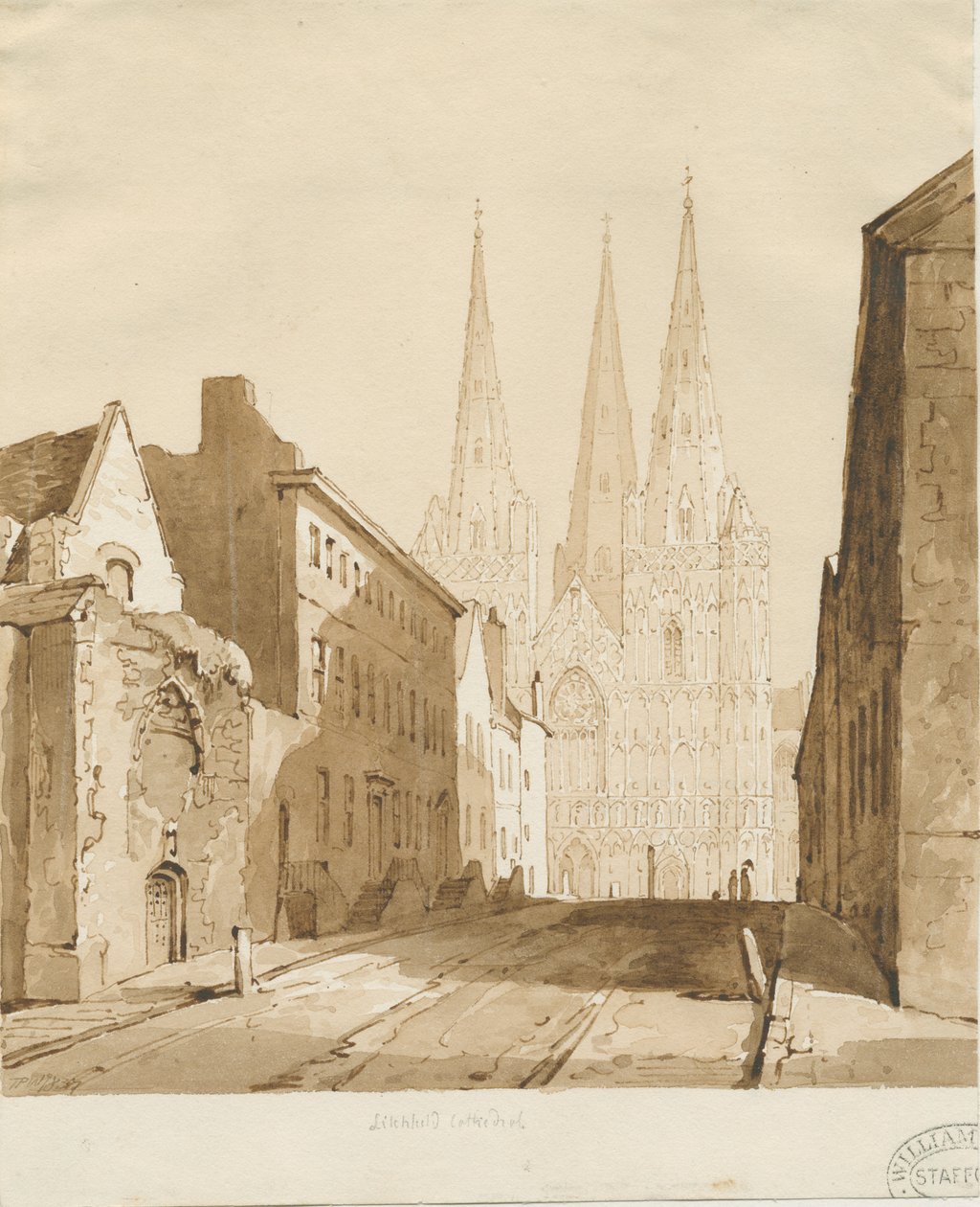 Catedral de Lichfield: desenho vermelho-sépia de Thomas Peploe Wood