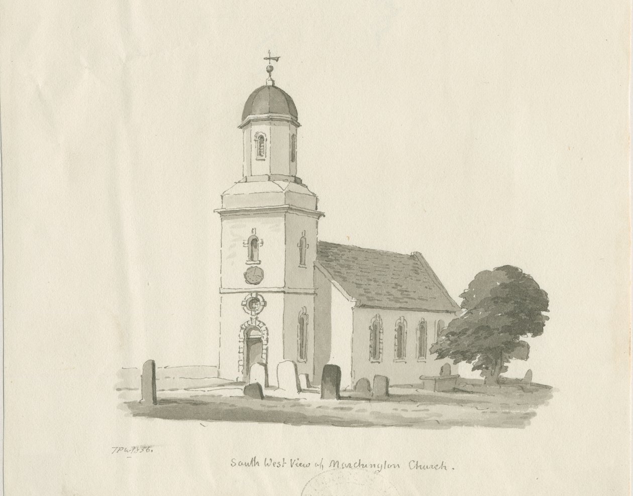 Igreja de Marchington: desenho em sépia, 1836 de Thomas Peploe Wood