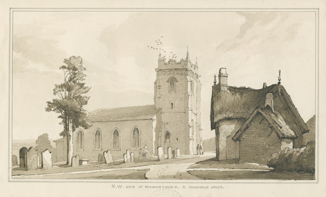 Milwich Church e Parsonage House: desenho de caneta e lavagem, sd [ 1838] (desenho) de Thomas Peploe Wood