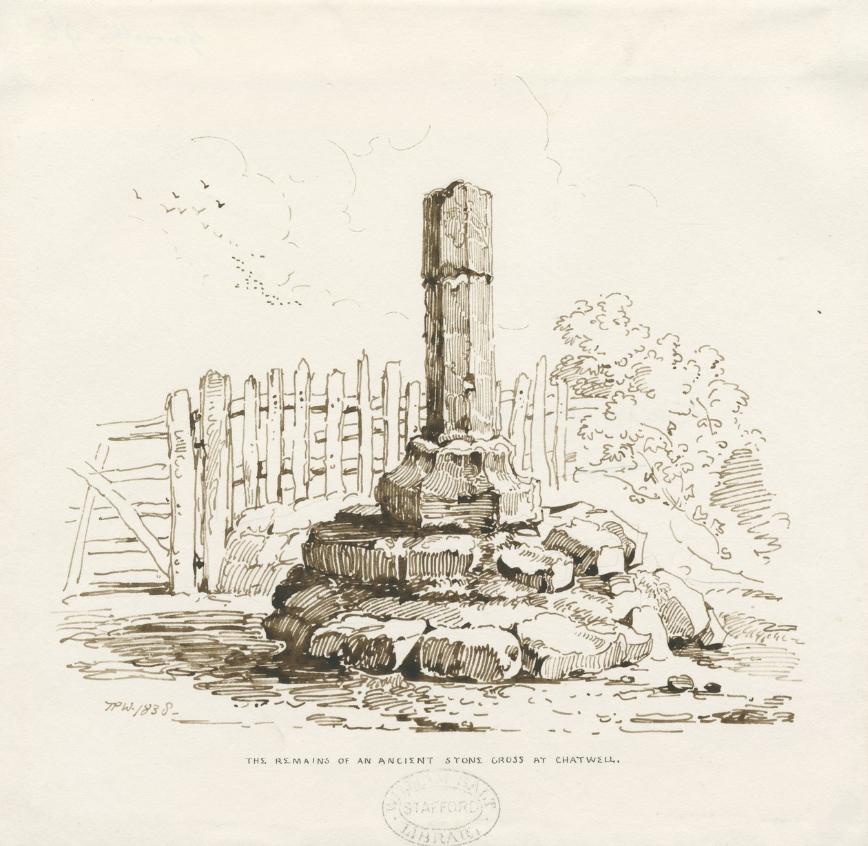 Moreton - Stone Cross permanece em Chatwell: desenho a caneta, 1838 de Thomas Peploe Wood