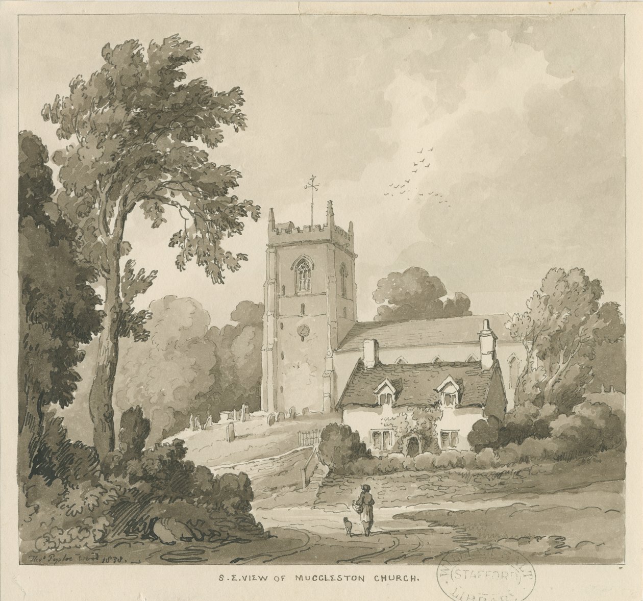Igreja Mucklestone: desenho lavado em sépia de Thomas Peploe Wood