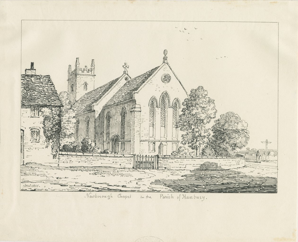 Igreja de Newborough: desenho a caneta e tinta de Thomas Peploe Wood
