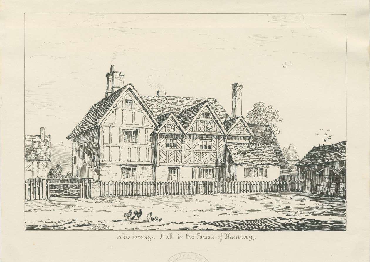 Newborough Hall: desenho a caneta, 1836 de Thomas Peploe Wood