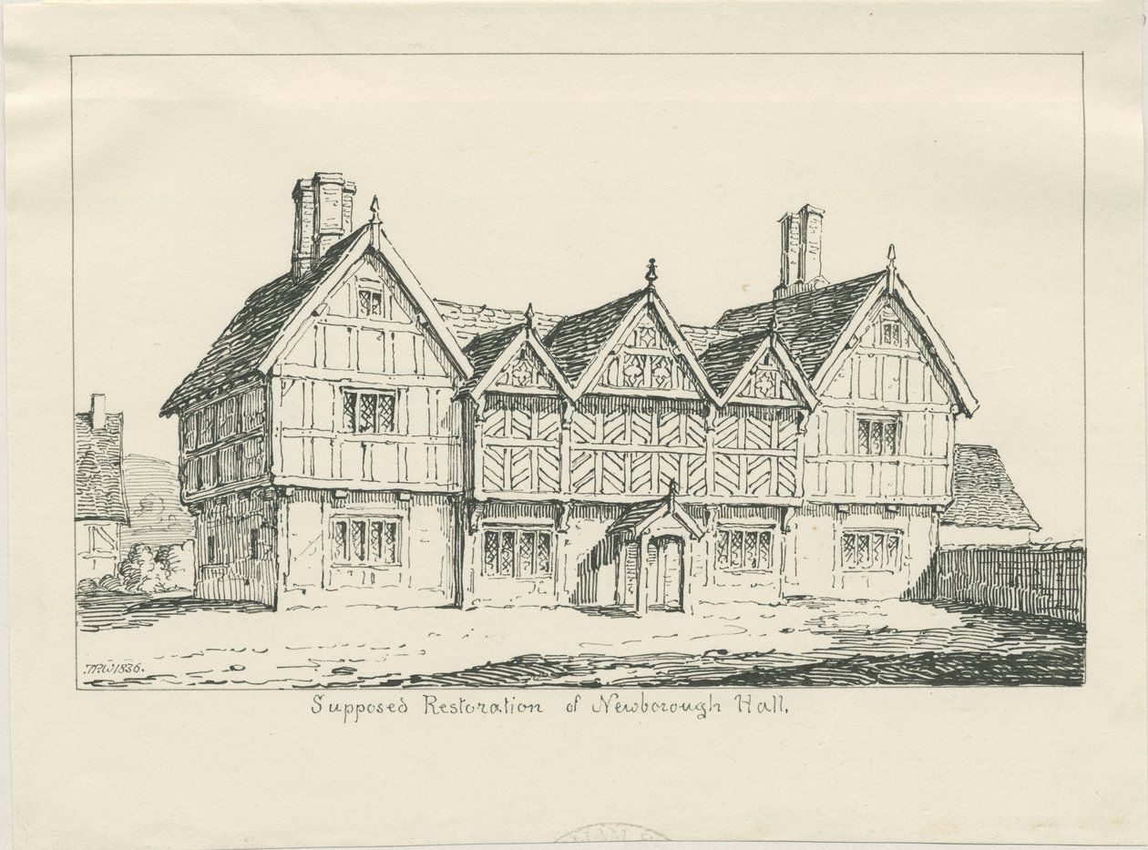 Newborough Hall: desenho a caneta, 1836 de Thomas Peploe Wood