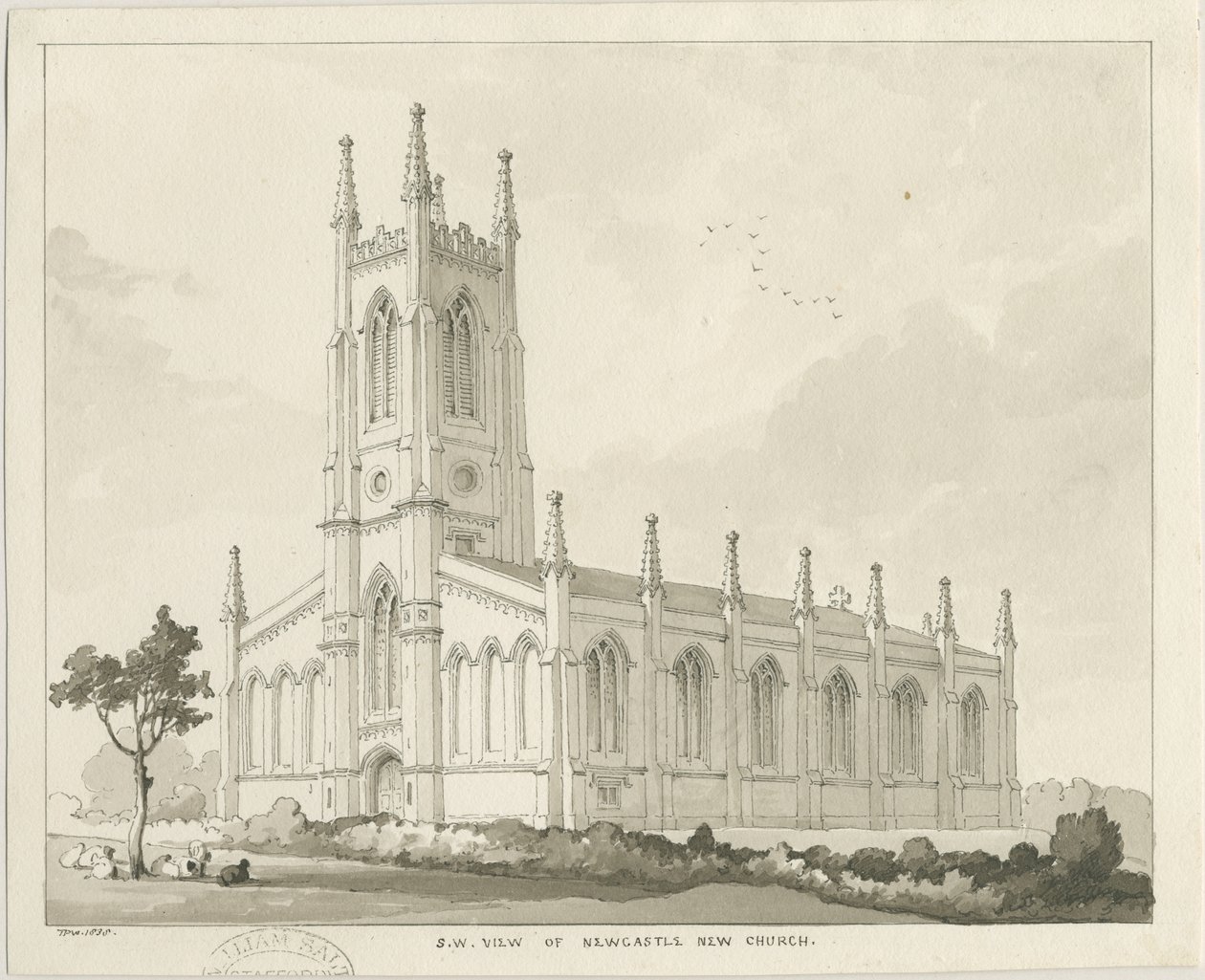 Newcastle-under-Lyme - &39;St. George&39;s &39;(Igreja Nova): desenho em sépia de Thomas Peploe Wood