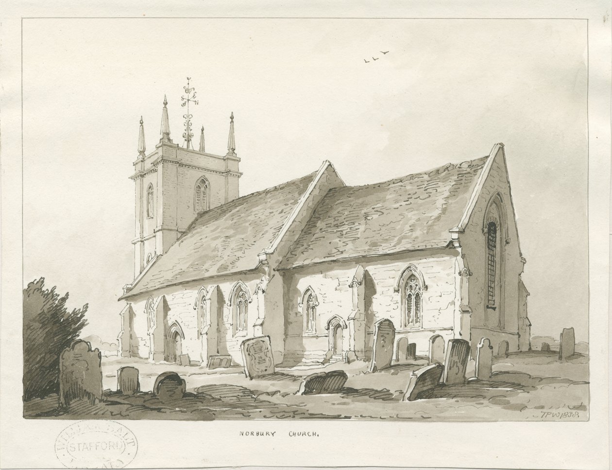 Igreja de Norbury: desenho em sépia de Thomas Peploe Wood