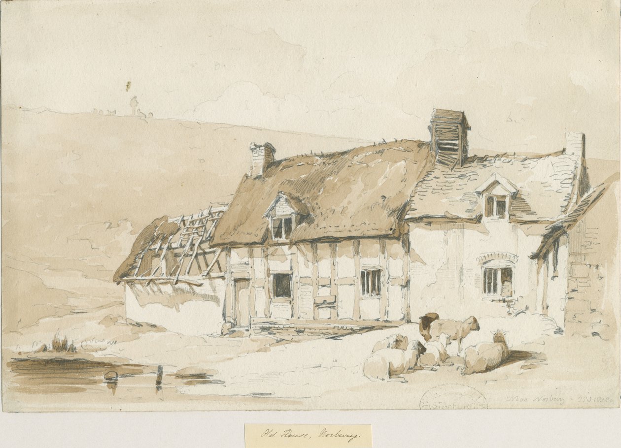 Norbury Village - Casas antigas: desenho de lavagem sépia de Thomas Peploe Wood