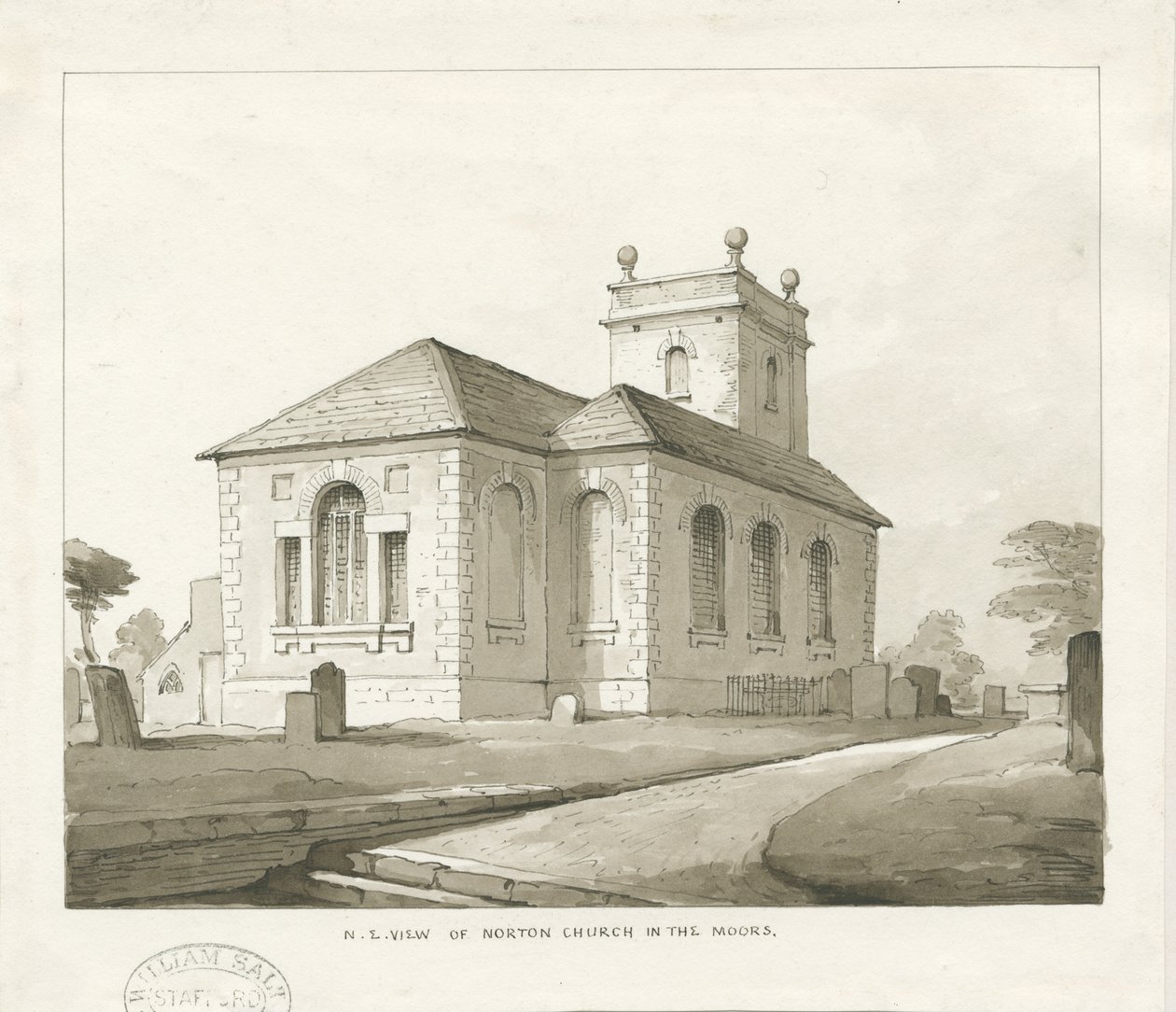 Igreja de Norton-in-the-Moors: desenho em sépia, nd [1817-1845] de Thomas Peploe Wood
