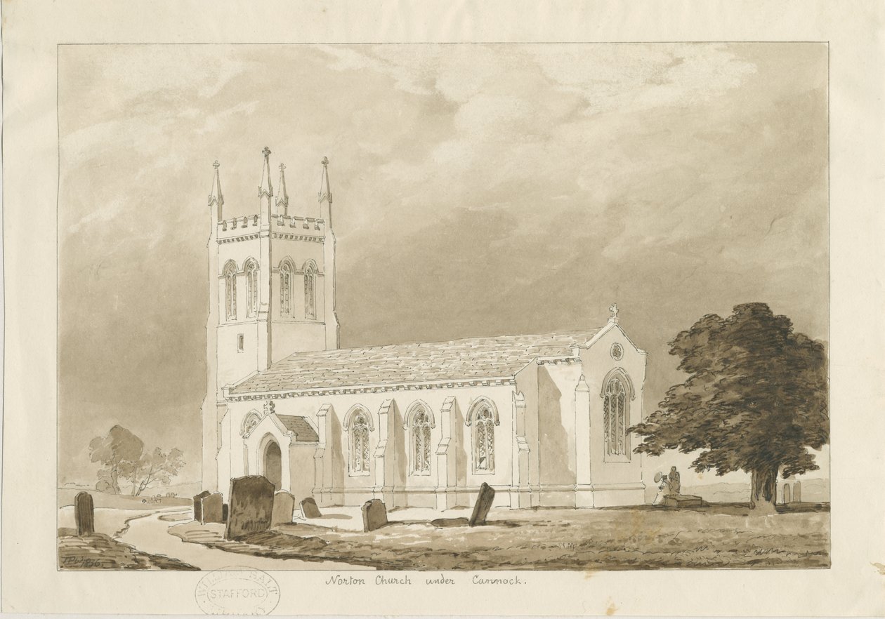 Igreja Norton Canes: desenho em sépia de Thomas Peploe Wood