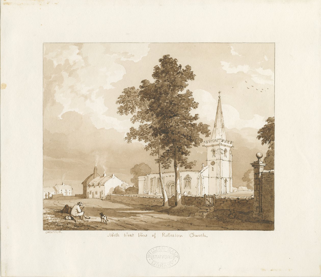 Igreja de Rolleston: desenho sépia vermelho, 1836 de Thomas Peploe Wood