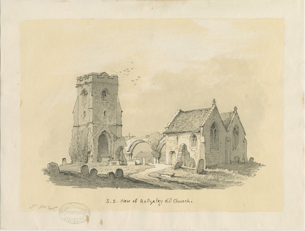 Igreja de Rugeley (Antiga): desenho em sépia em papel colorido, nd [ 1839] (desenho) de Thomas Peploe Wood