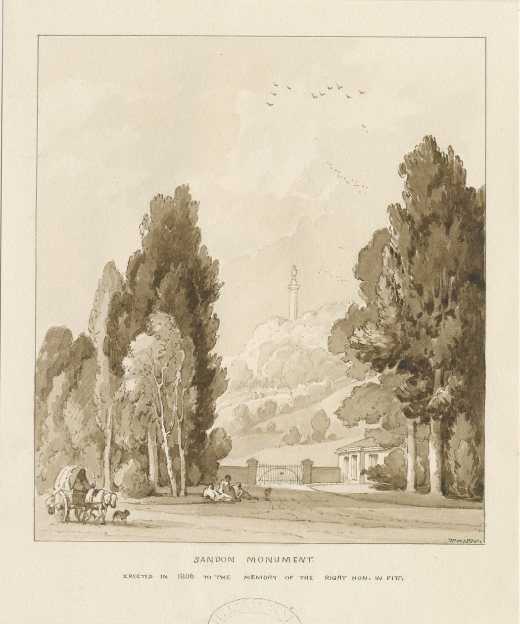 Sandon - Monumento a William Pitt: desenho em sépia, 1838 de Thomas Peploe Wood