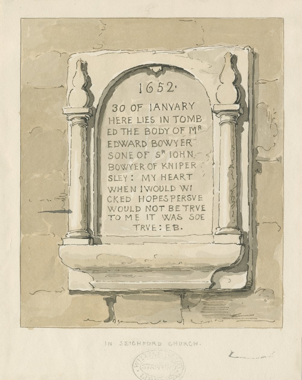 Igreja de Seighford - Tablete de pedra para Edward Bowyer: desenho em sépia, nd [ 1838] (desenho) de Thomas Peploe Wood