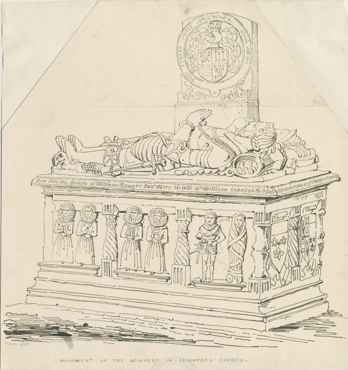 Igreja de Seighford - Tumba de William e Mercy Bowyer: desenho a caneta e tinta de Thomas Peploe Wood