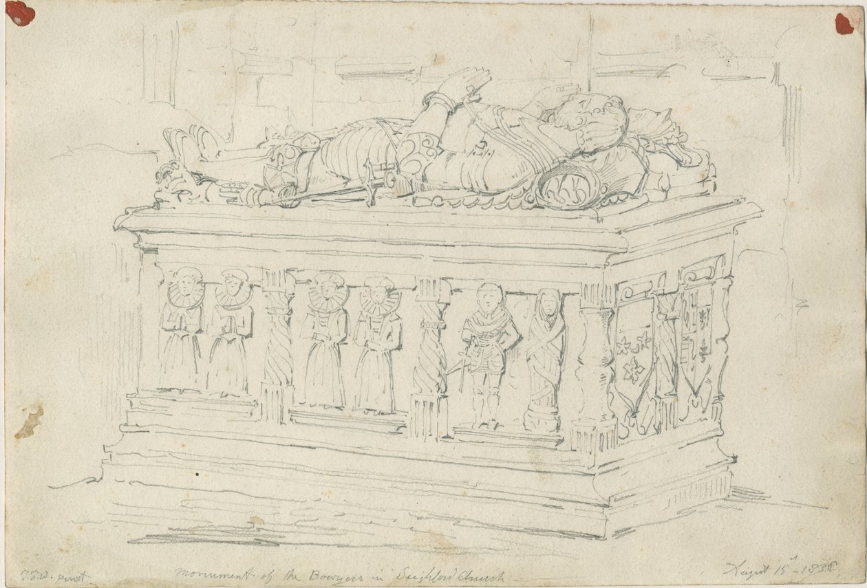 Igreja de Seighford - Tumba de William e Mercy Bowyer: desenho a lápis de Thomas Peploe Wood