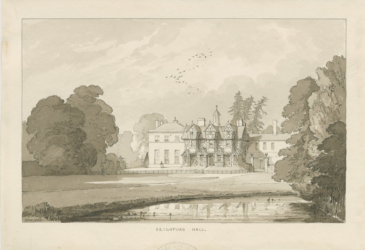 Seighford Hall: desenho em sépia de Thomas Peploe Wood